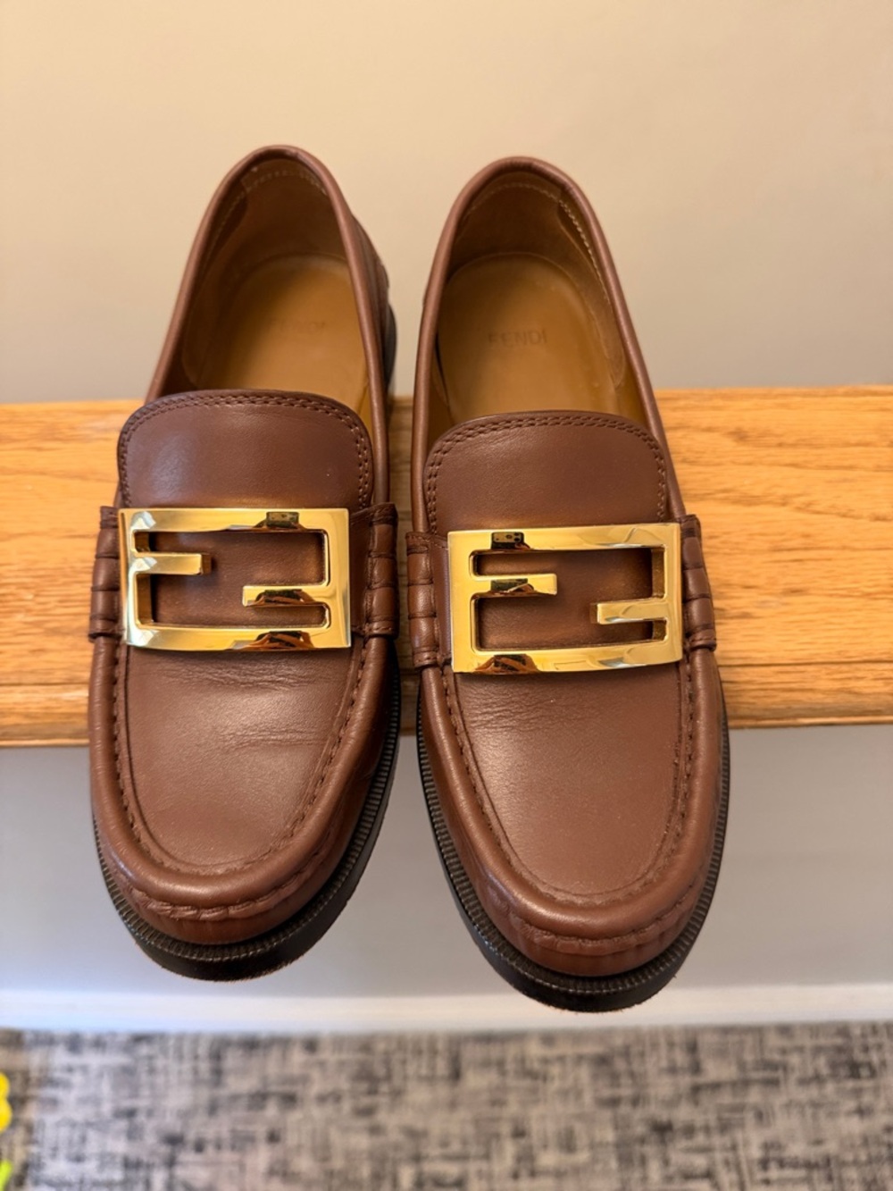 Fendi Brown Leather Loafers with Gold F Logo Buckle